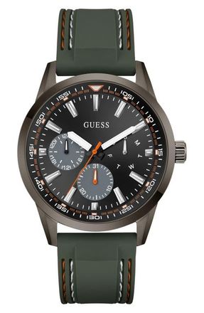 Guess Peak Multifunction Silicone Strap Watch, 44mm in Green at Nordstrom