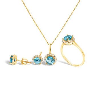 House of Brilliance 10K Gold Gemstone and 3/8 Cttw Diamond Halo Jewelry Set in Yellow | Blue Topaz at Nordstrom