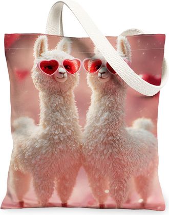 Generic Cute Llama Canvas Tote Bags, Fun Animal Pattern Reusable Grocery Bags, ValentineS Day Lightweight Washable Shoulder Strap, White, 13x15 Inch