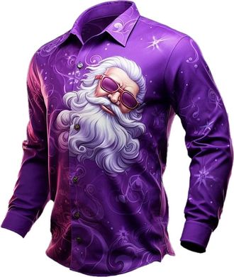 Generic Mens Christmas Shirts Funny Santa Claus 3D Printed Xmas Party Dress Shirts Long Sleeve Button Down Casual Regular Fit Festive Holiday Tops
