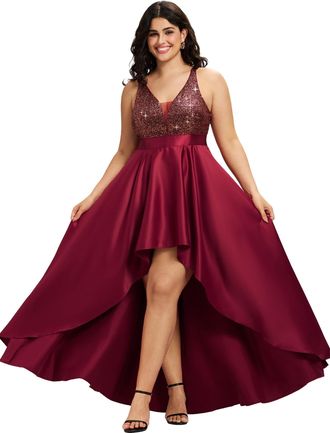 Ever-pretty Women Plus Size Prom Dress Satin Sequin High Low Burgundy 22