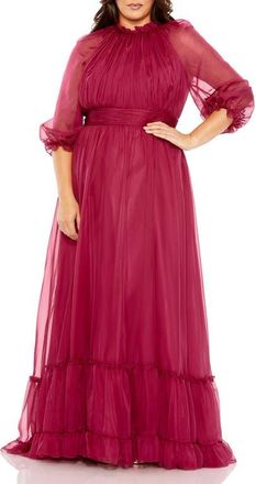 Mac Duggal High-Neck Chiffon Dress with Puff Sleeves and Ruffle Tiered Skirt in Crimson at Nordstrom, Size 14W
