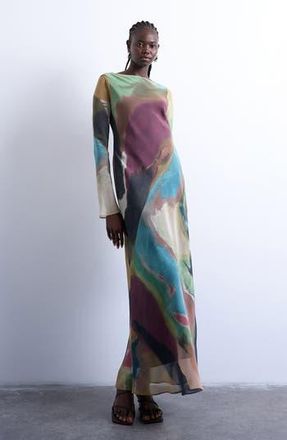 Topshop Abstract Print Long Sleeve Chiffon Maxi Dress in Burgundy Multi at Nordstrom Rack, Size 6 Us (Fits Like 2-4)
