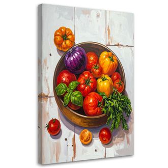 Feeby Cuadro En Lienzo, Naturaleza Muerta Con Tomates Y Hierbas En Un Cuenco, 80x120