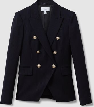 Reiss Navy Tailored Fit Textured Double Breasted Blazer, 12