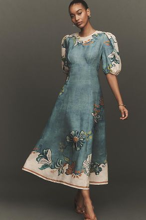 Alemais Luda Puff-Sleeve Linen Midi Dress