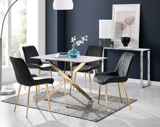 Furniturebox Leonardo White Glass Marble Effect Gold Leg Table & 4 Pesaro Gold Leg Chairs in Black