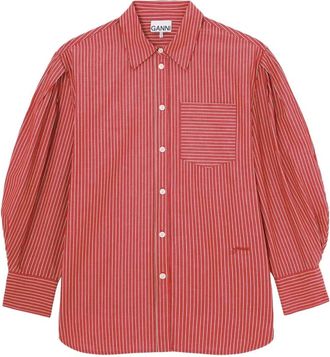 Ganni Oxford Streep Shirt met Plooi-mouwen - Dames - Overhemden - Rood - XS - Katoen - Overhemden