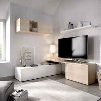 Dmora Dmora - Mueble Alto Dagnell, Conjunto Modular De Sal&oacute;n Rinc&oacute;n, Mueble Sal&oacute;n Con Soporte De Tv Multiposici&oacute;n, 201x41h180 Cm, Blanco Y Roble