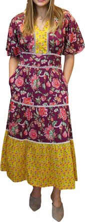 THML Clothing Puff Sleeve Floral Tiered Dress In Plum Multi