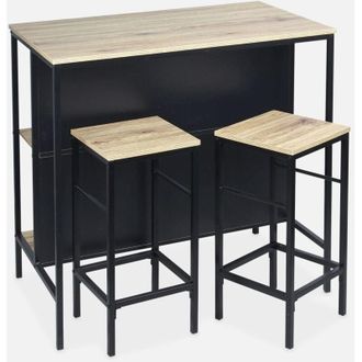Sweeek Sweeek - Mesa Alta De Madera Y Metal, 2 Estantes, 2 Taburetes, Loft, Natural, 100x60x95 Cm