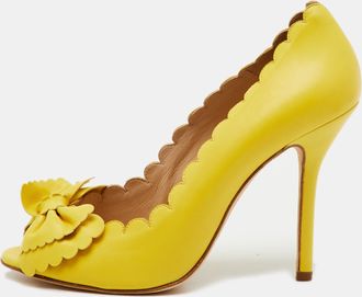 Oscar De La Renta Oscar De La Renta Yellow Leather Scalloped Bow Detail Peep Toe Pumps