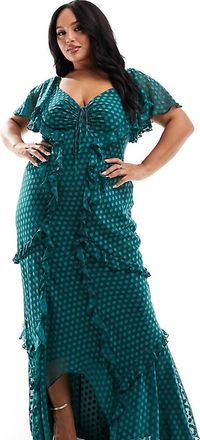 Asos Curve ASOS DESIGN Curve flutter sleeve ruffle maxi dress with cut out detail in textured spot in green-Multi