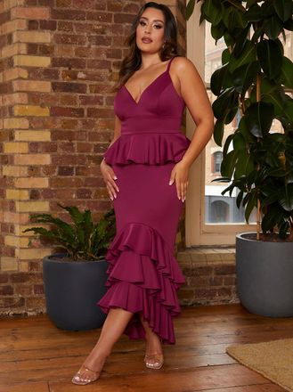 Chi Chi London Chi Chi London Womens Cami Strap Ruffle Detail Bodycon Midi Dress in Berry - Size 10 UK