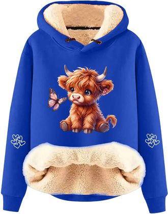 Generic 2025 Highland Cow Hoodies for Women Uk Sherpa Fleece Lined Hoodies Christmas Sweatshirts Fall Winter Soft Warm Fuzzy Long Sleeve Pullover Chunky Jumpe
