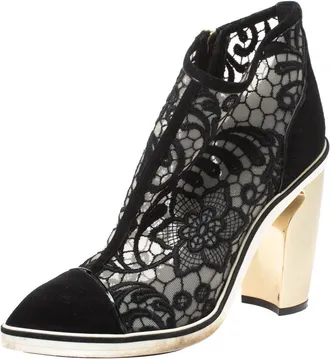 Nicholas Kirkwood Black Suede And Embroidered Mesh Block Heel Ankle Boots