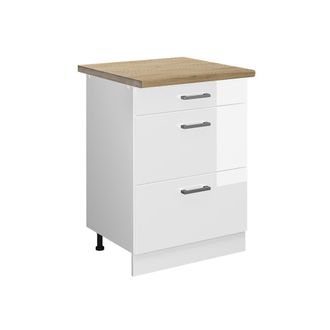 Vicco Mueble Bajo De Cocina R-line, Blanco Alto Brillo, 60 Cm Con Cajones, Et Roble