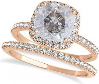 Allurez Cushion Salt & Pepper Diamond Halo Bridal Set French Pave 14k Rose Gold 0.84ct
