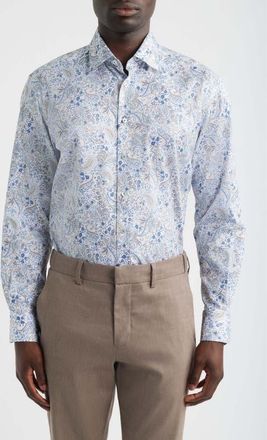 Eterna Modern Fit Floral Paisley Non-Iron Cotton & Linen Dress Shirt in Blue at Nordstrom, Size 15.5 - L