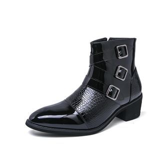 Generic Mens Patent Leather Chelsea Ankle Boots with Zipper and Buckle Fashion Pointed Toe High Top Motorcycle Combat Boot Comfortable Casual Business Chukka 