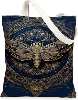 Generic Bee Mandala Canvas Bags, Vintage Insect Art Reusable Grocery Tote, Fall Bohemian Lightweight Washable Shoulder Strap Bags F, Navy, 13x15 Inch