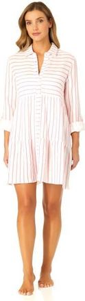 Anne Cole Womens Button Front Long Sleeve Tiered Dress Cover Up in Pink Cosmos Stripe at Nordstrom, Size Medium
