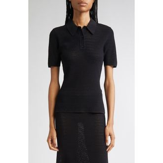 Victoria Beckham Chevron Pointelle Polo Sweater in Black at Nordstrom, Size Medium