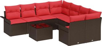 vidaXL Conjunto De Sof&aacute; De Jard&iacute;n 9 Uds. Beige Y Rojo Rat&aacute;n Sint&eacute;tico Vidaxl