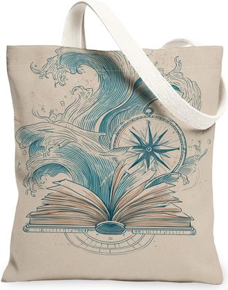 Generic Waves Compass Canvas Tote Bags, Ocean Book Design Reusable Grocery Bags, Summer Nautical Vintage Lightweight Washable, Beige, 13x15 Inch