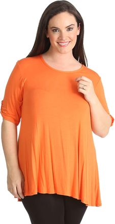 Purple Hanger New Womens Plus Size Stretch Fit Round Neck Plain Button Tops Ladies Three Quarter Turn Up Sleeve T-Shirt Top (20, Orange)