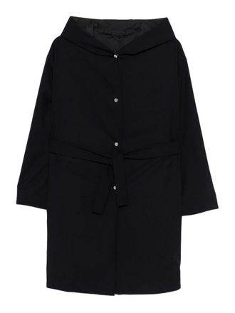 Herno Navy Blue Hooded Overcoat With Side Pockets