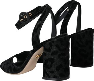 Dolce & Gabbana Womens Black Leopard Suede Heels Sandals Shoes Leather