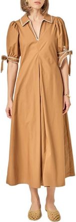 English Factory Contrast Stitch A-Line Midi Dress in Brown at Nordstrom, Size X-Small