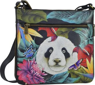 Anuschka Womens Genuine Leather Expandable Travel Crossbody - Hand Painted Exterior - Happy Panda