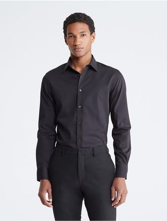 Calvin Klein Mens Cotton Herringbone Slim Fit Dress Shirt - Black - 16.5/34-35