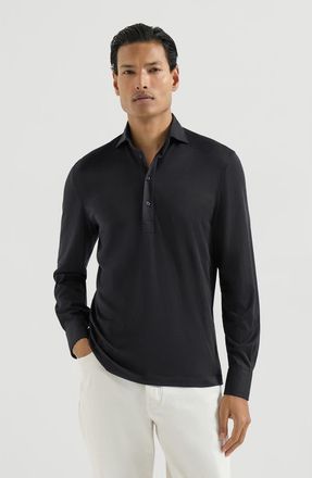 Brunello Cucinelli Silk and cotton lightweight jersey long sleeve polo with shirt-style collar in Navy Blue at Nordstrom, Size 4X-Large