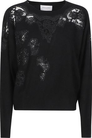 Ermanno Scervino Round Neck Lace Embellished Wool Cropped Sweater