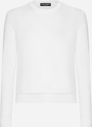 Dolce & Gabbana Round-neck Silk Sweater With Logo - Man Sweaters And Cardigans White 46