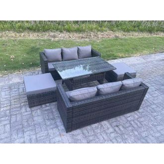 Fimous Fimous 8 Seater Outdoor Lounge Sofa Garden Furniture Set Patio Rattan Rectangular Dining Table with 2 Big Footstool Dark Grey Mixed