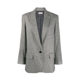 Zadig&Voltaire Jassen, Dames, Grijs, M, Leer, Rhinestone Cuff Silver Blazer