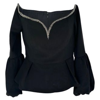 Self Portrait Crystal-Embellished Neckline Top in Black Polyester