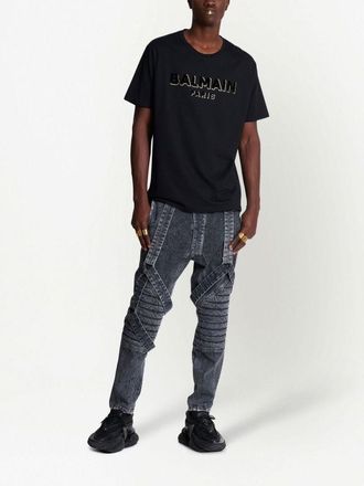 Balmain Mens Crewneck Oversized T-shirt with Velvet Logo Black Cotton - Size 2XS