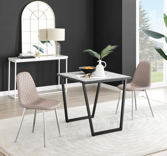 Furniturebox Carson White Marble Effect Square Dining Table & 2 Faux Leather Corona Silver Chairs in Beige