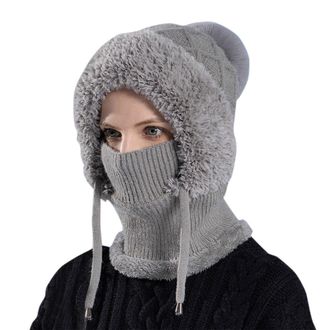 Generic Womens 3 in 1 Beanie Hat Sherpa Hood Ski Mask Winter Warm Knitted Balaclava Choosemuc Windproof Scarf Neck Warmer Sets Outdoor Face Cover for Skiing H