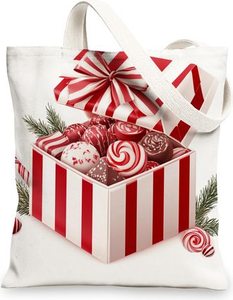 Generic Merry Christmas Candy Gifts Canvas Tote Bag for Shopping 13x15, Holly Fun Xmas Reusable Grocery Print Bag for Women, Holiday New Year Beach Aesthetic 