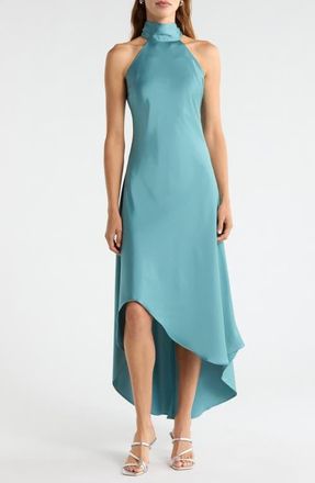 CeCe by Cynthia Steffe Tie Back Sleeveless High/Low Satin Gown in Peacock Teal at Nordstrom, Size 16