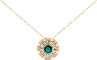 House of Brilliance 14K Yellow Gold Plated.925 Sterling Silver Lab Grown Emerald and Baguette Diamond Medallion Pendant Necklace