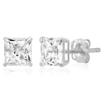 MAX + STONE 14k Yellow or White Gold Princess Cut Cubic Zirconia Stud Earrings 4MM to 7MM