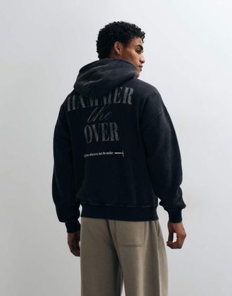 Abercrombie & Fitch felpa con cappuccio oversize con grafica sul retro nera-Nero