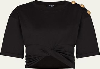 Balmain 3-Button Twisted Short-Sleeve Crop T-Shirt